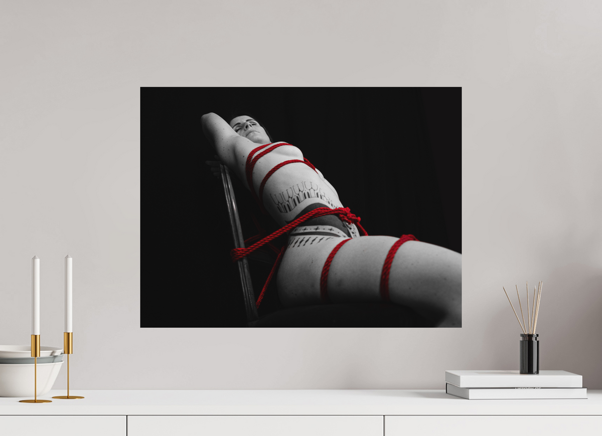 60 x 45 cm, Photographie Shibari de LiliSuperFly, cordes sur le dos, tirage sur aluminium Dibond, Noir/Blanc/Rouge