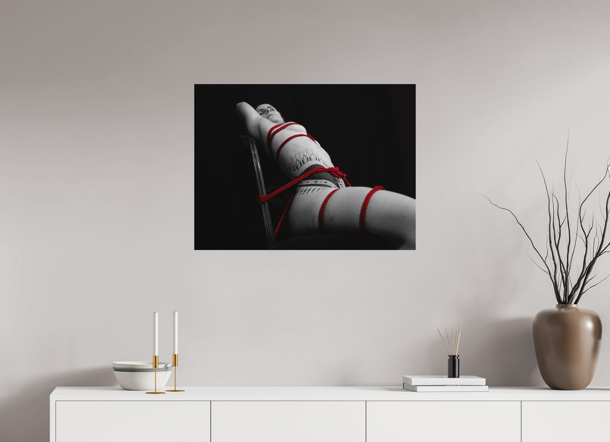 80 x 60 cm, Photographie Shibari de LiliSuperFly, cordes sur le dos, tirage sur aluminium Dibond, Noir/Blanc/Rouge