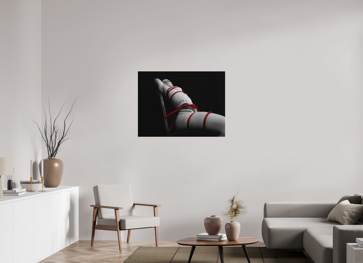 100 x 75 cm, Photographie Shibari de LiliSuperFly, cordes sur le dos, tirage sur aluminium Dibond, Noir/Blanc/Rouge